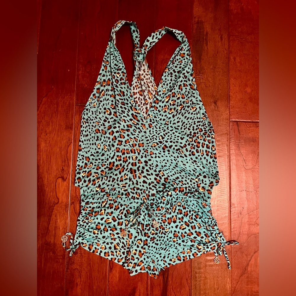 Luli Fama turquoise & gold Leopard Print Halter Romper cover up sz L